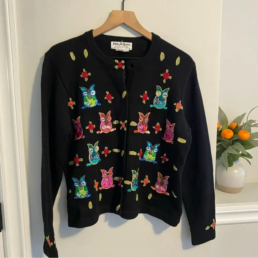 Vintage Jack B. Quick Black Owl Beaded Cardigan Sweater Medium